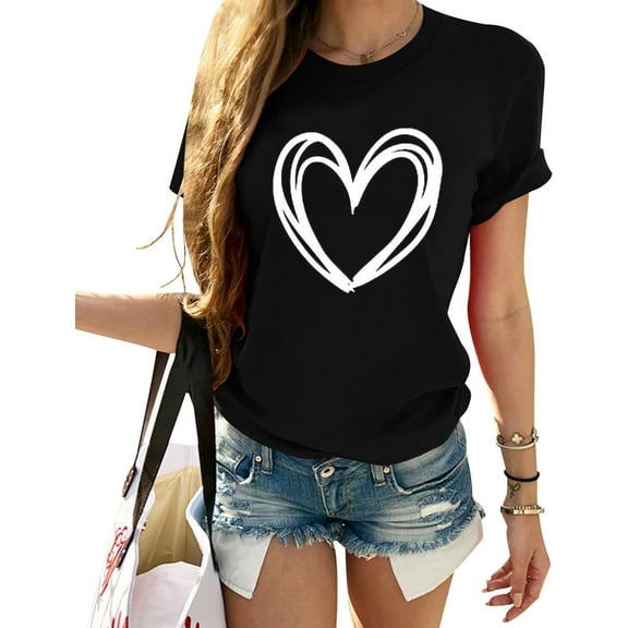 Womens Love Heart Shirts Short Sleeve Valentines Crewneck Colorful Heart Graphic Tees Tops