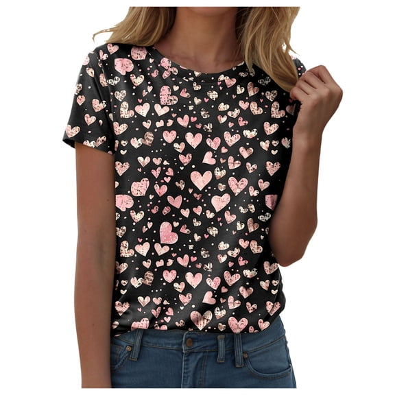 Womens Love Heart T-Shirts Valentines Day Short Sleeve Tops Casual Lover Gift Blouse