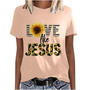 USSUMA Womens Love Like Jesus Sunflower Letter Print T Shirt Short Sleeve O Neck Christian Gift Tee Shirt Casual Loose Top