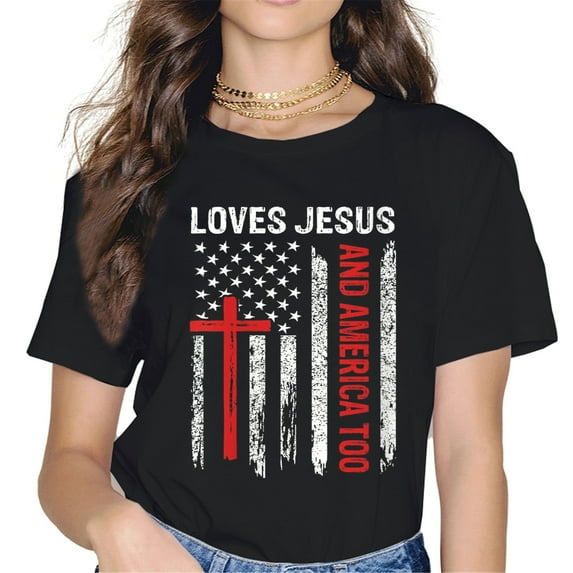 Womens Loves Jesus America Too Flag 4th Of July Christian Religious Casual Short Sleeve T-Shirt Black Medium