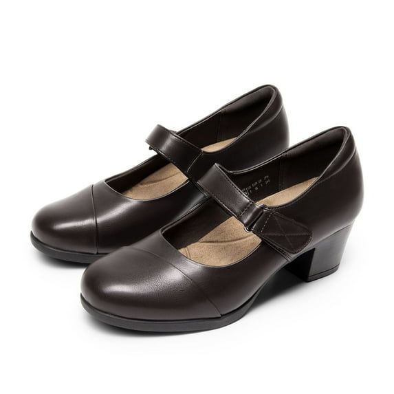 Dream Pairs Womens Low Block Heel Mary Janes Pump Shoes Arch Support Round Toe Slip On Dress Work Wedding Shoes BROWN Size 6