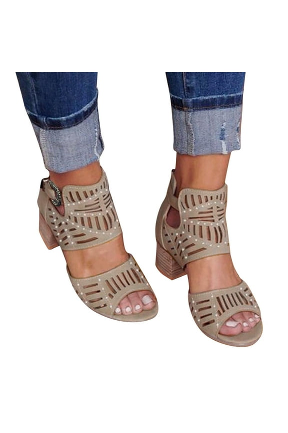 Women's Open Toe Block Heeled Sandals Casual Back Zipper Hollow out Ankle Strap Comfortable Dressy Shoes