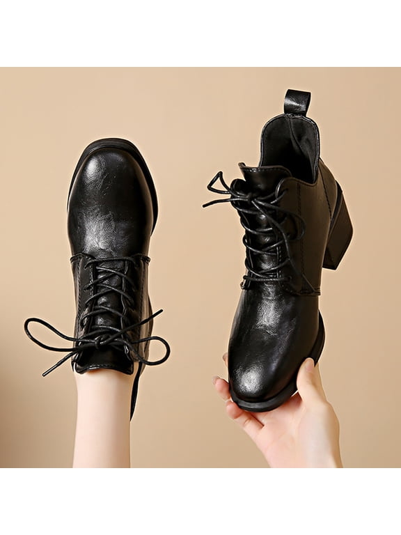 Womens Low Cut Vintage Leather Ankle Booties Front Lace Up Chunky Block Heel Square Toe Walking Boots for Travel All Season Outfits Black 43