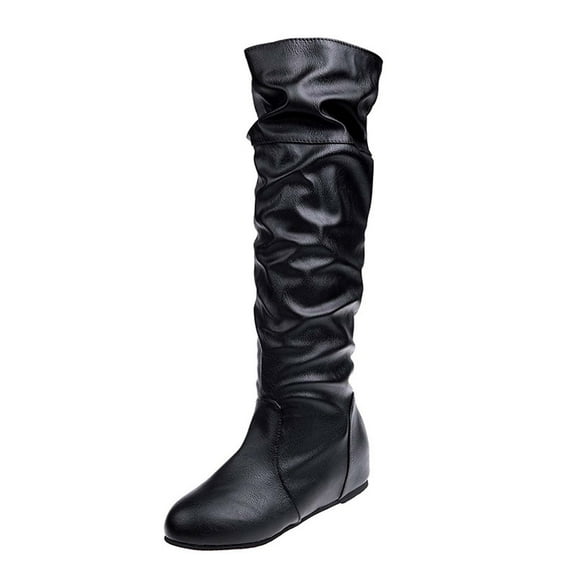 Womens Low Heel Mid-Calf Slouchy Slip On Casual Boots with Side Zipper Women's High Boots Pull On Flat Boots Side Zipper Fall Boots for Women