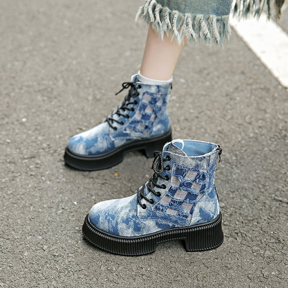 Womens Low Heels Ankle Boots Fashion Denim Plaid Print Round Toe Thick Sole Ankle Lace Up Boot Comfortable Casual Shoe Women Low-Heels Non-Slip Ankle Shoes