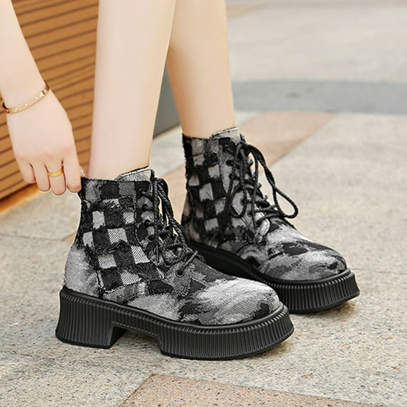 Womens Low Heels Ankle Boots Fashion Denim Plaid Print Round Toe Thick Sole Ankle Lace Up Boot Comfortable Casual Shoe Women Low-Heels Non-Slip Ankle Shoes