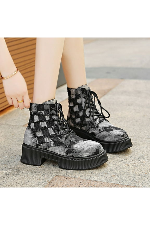 Womens Low Heels Ankle Boots Fashion Denim Plaid Print Round Toe Thick Sole Ankle Lace Up Boot Comfortable Casual Shoe Women Low-Heels Non-Slip Ankle Shoes
