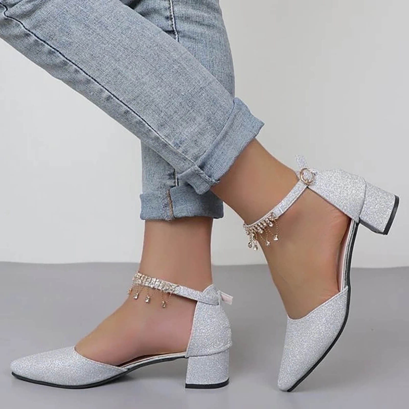 Womens Kitten Heels Pointed Toe Sandals Slingback Chain Decor Low Party  Heels | eBay