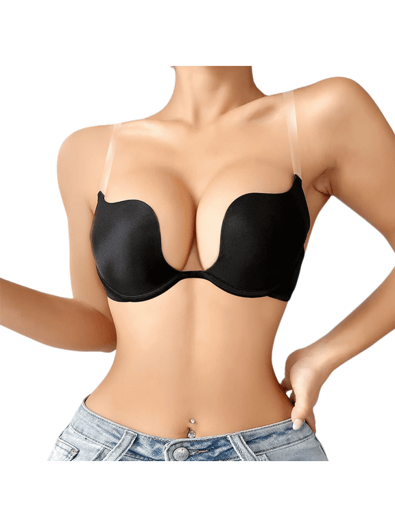 Womens Low Plunge Push Up Bra with Clear Straps Low Cut Convertible Underwire Padded Cleavage Bra
