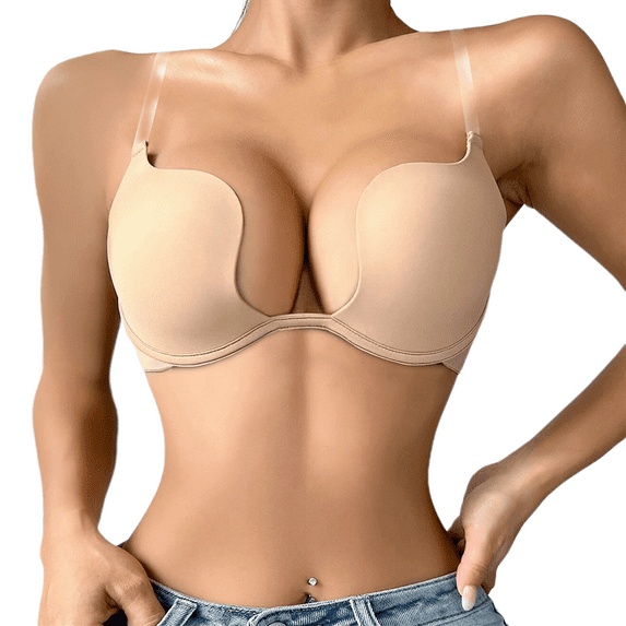 Womens Low Plunge Push Up Bra with Clear Straps Low Cut Convertible Underwire Padded Cleavage Bra