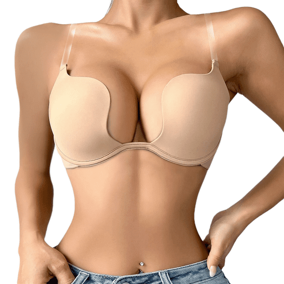 Womens Low Plunge Push Up Bra with Clear Straps Low Cut Convertible Underwire Padded Cleavage Bra