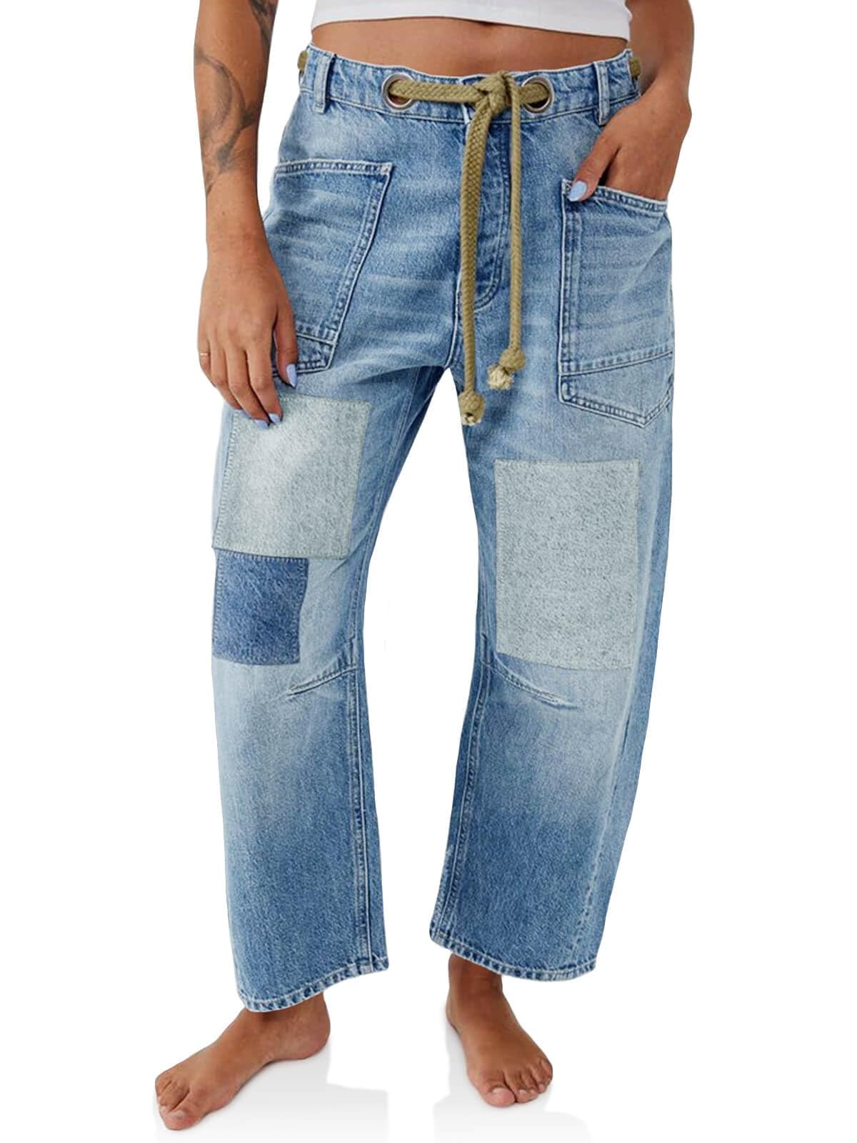 Womens Low Rise Baggy Barrel Horseshoe Jeans Patchwork Denim Pants with Pockets