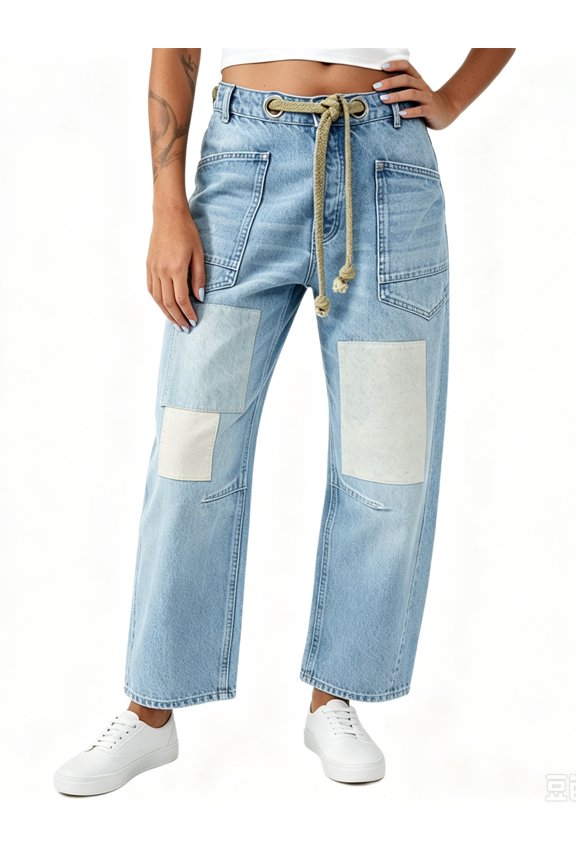 Womens Low Rise Baggy Barrel Horseshoe Jeans Patchwork Denim Pants with Pockets