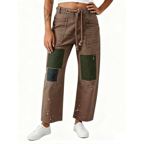Womens Low Rise Baggy Barrel Horseshoe Jeans Patchwork Denim Pants with Pockets