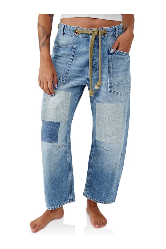 Womens Low Rise Baggy Barrel Horseshoe Jeans Patchwork Denim Pants with Pockets