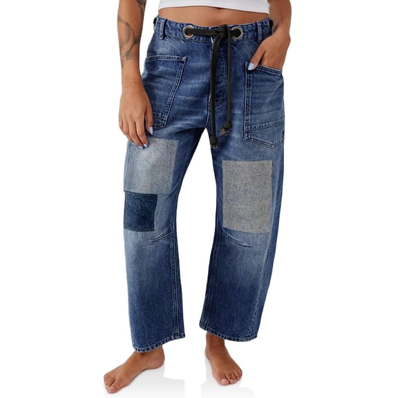 Women Low Rise Baggy Barrel Horseshoe Jeans Patchwork Denim Pants with Pockets