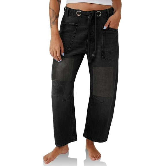 Womens Low Rise Baggy Barrel Horseshoe Jeans Patchwork Denim Pants with Pockets