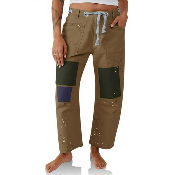 Womens Low Rise Baggy Barrel Horseshoe Jeans Patchwork Denim Pants with Pockets