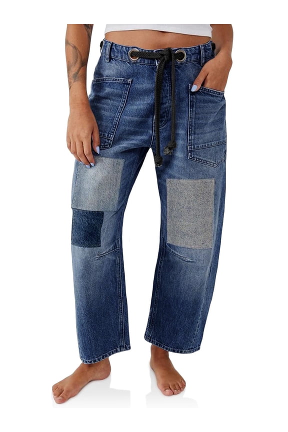 Women Low Rise Baggy Barrel Horseshoe Jeans Patchwork Denim Pants with Pockets