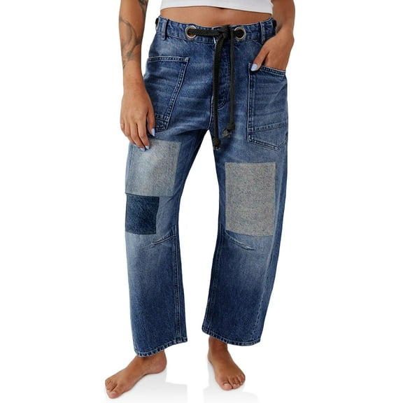Womens Low Rise Baggy Barrel Horseshoe Jeans Patchwork Denim Pants with Pockets