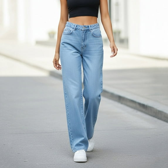 Womens Low Rise Jeans Ladies Elastic Wide Leg Jeans High Waist Washed Loose Straight Leg Boyfriends Denim Pants Light Blue L