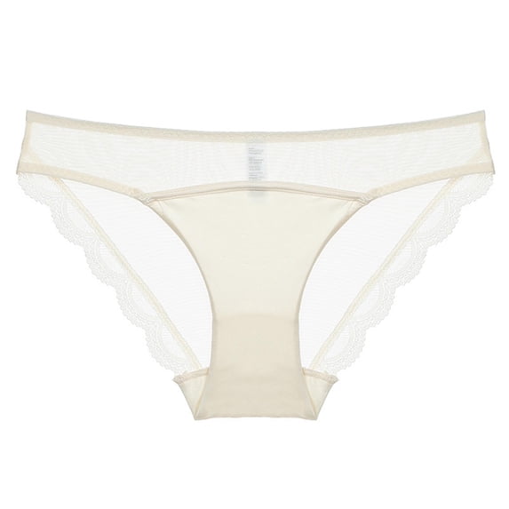 Womens Low Rise Thong Underwear Seamless No Show with Lace Trim & Mesh Panels Comfortable Everyday Beige 1-Pack,Size S