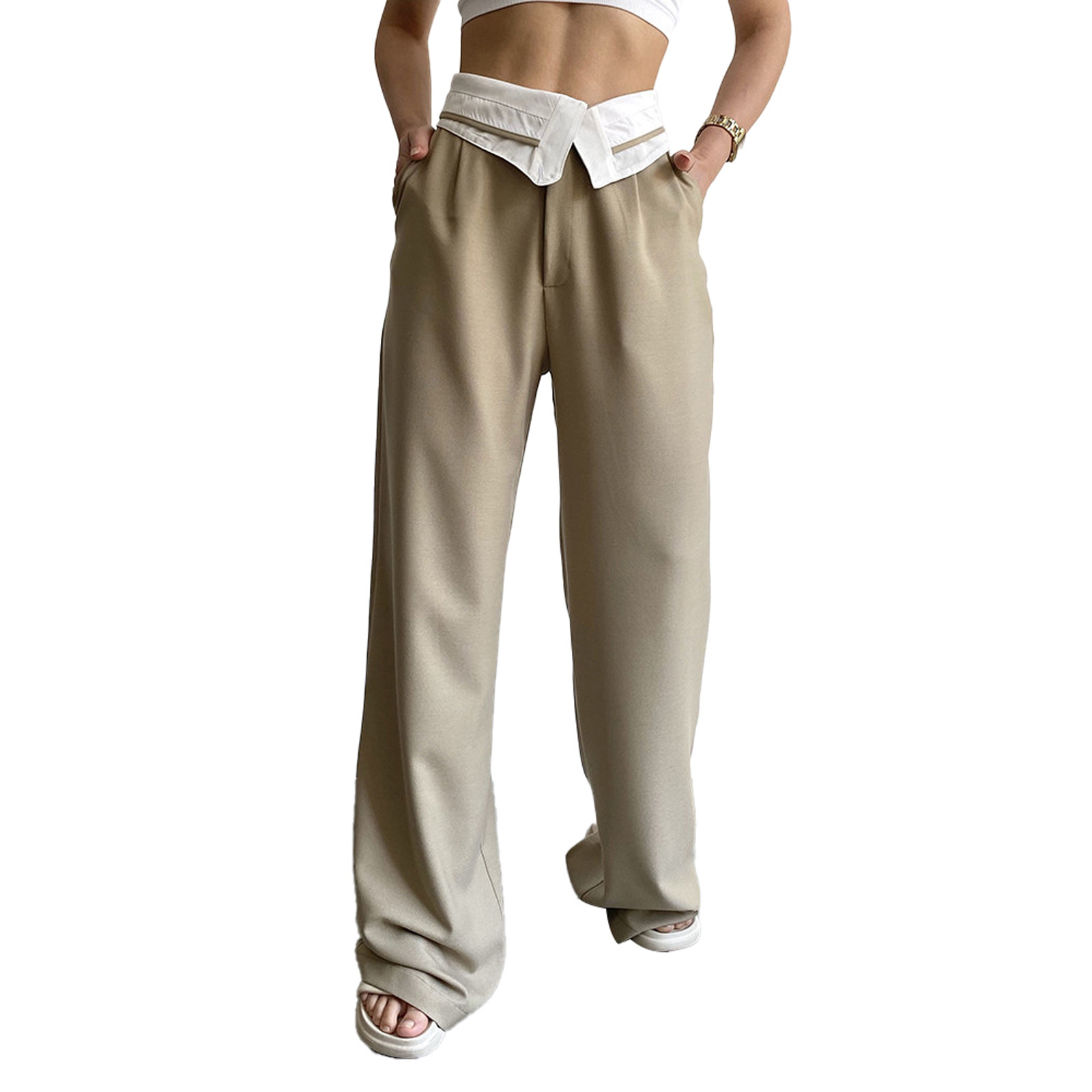 Womens Low Rise Y2k Baggy Cargo Pants Waisted Folded Down Exposed White