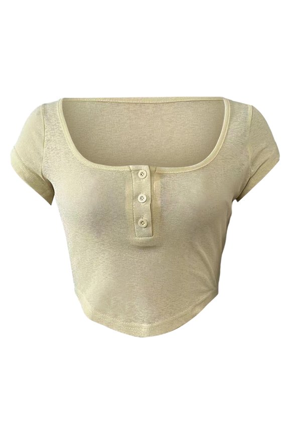 Womens Low Square Neck Button Notch Front Crop Tee Slim Short Sleeve Arc Curved Elastic Rib Knit Daily Wear Top