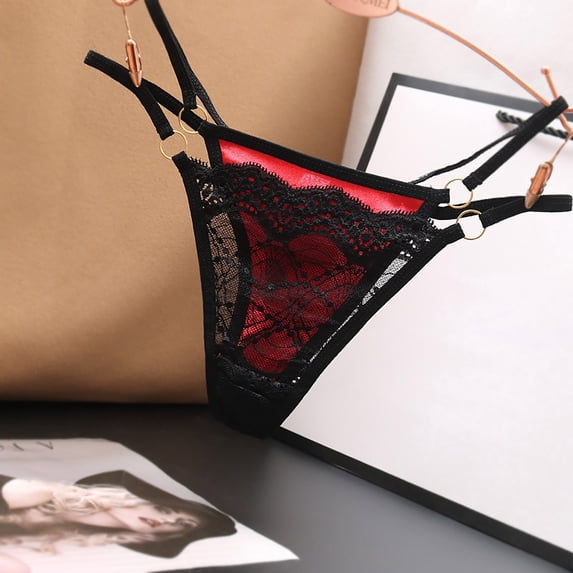 Sunshuilll Big & Tall Satin See Through Lace Thong Panties, Red