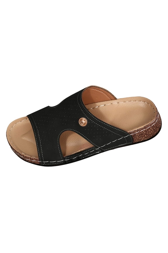 Womens Low Wedge Sandals Comfortable Flat Slide Sandal Open Toe Soft Sole Casual Slip On Summer Dress Shoes Black Size 7