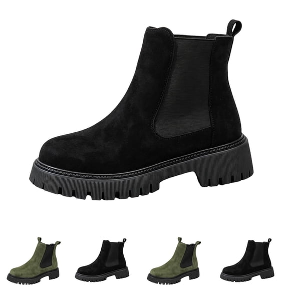 Womens Lug Sole Platform Ankle Booties Chelsea Slip on Chunky Block Heel Leather Combat Boots Black 43