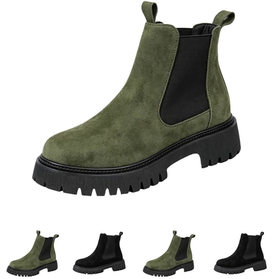 Womens Lug Sole Platform Ankle Booties Chelsea Slip on Chunky Block Heel Leather Combat Boots Green 37