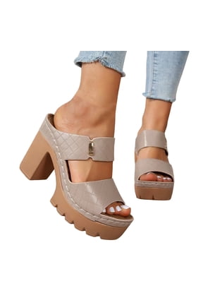 Womens Lug Sole Platform Heels High Block Heeled Sandals Retro Pattern Leather Open Toe Backless Mules with Comfy Arch Support Khaki Size 8.5