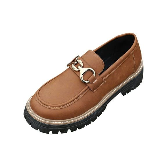 Womens Lug Sole Platform Mid Chunky Heel Loafers Classic Round Toe Slip On Office Uniform Oxfords Shoes with Metal Chain Brown Women Sandal