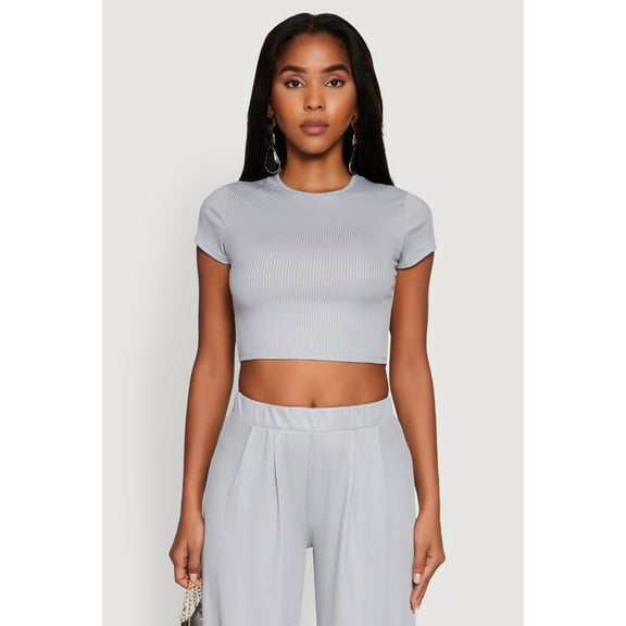 Womens Lurex Ribbed Knit Cropped Top