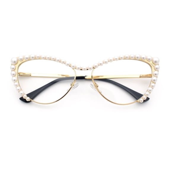 Womens Luxe Pearl Jewel Trim Classic Cat Eye Metal Rim Sunglasses Gold - Clear