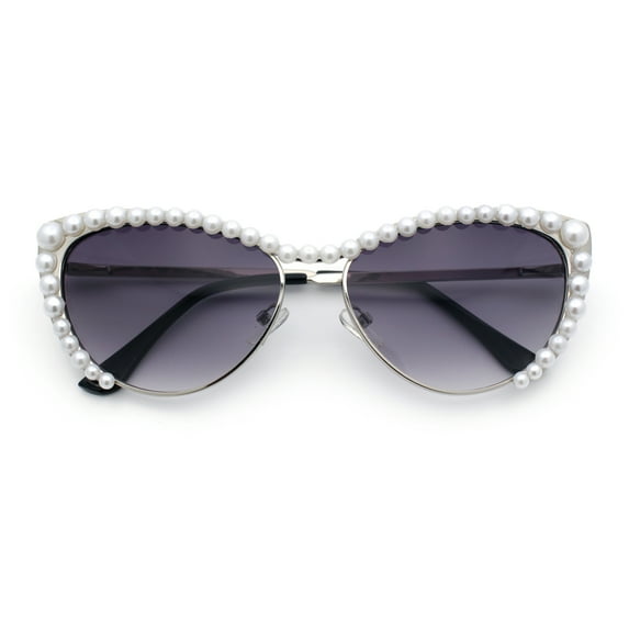Womens Luxe Pearl Jewel Trim Classic Cat Eye Metal Rim Sunglasses Silver - Smoke