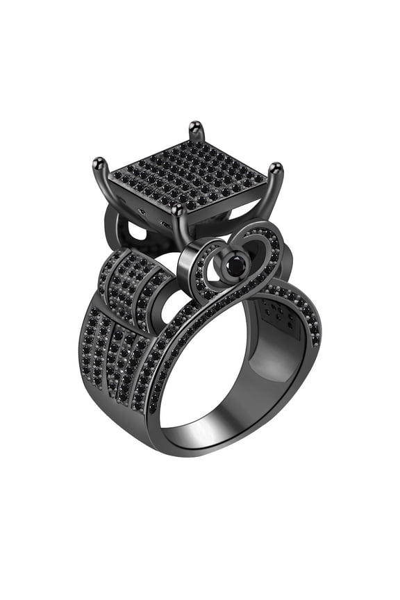 Womens Luxurious Black CZ Diamond Cluster Big Square Ring Exaggerated Party Prom Rings Black Plated (Black, Size 12)