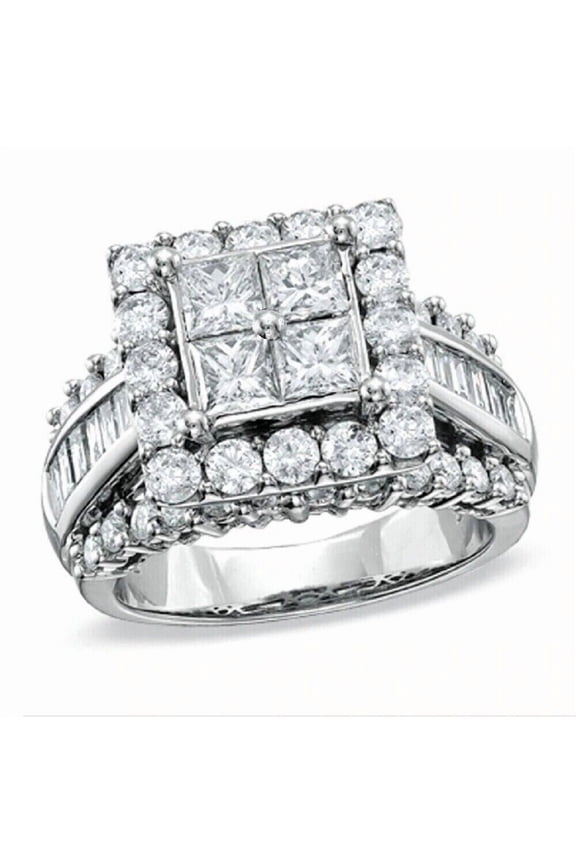 Womens Luxurious Diamond Ring, Big Diamond Engagement Ring, Princess Stone Diamond Ring, Halo Diamond Wedding Ring, Solitaire With Accents Diamond Ring, 2.6 Ct Simulated Diamond, 925 Sterling Silver