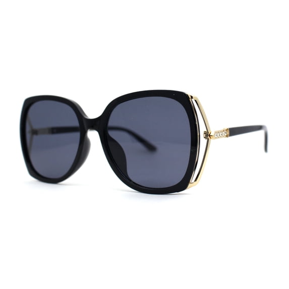 Womens Luxurious Metal Side Rhinestone Jewel Trim Butterfly Sunglasses All Black