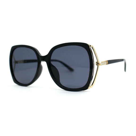 Womens Luxurious Metal Side Rhinestone Jewel Trim Butterfly Sunglasses All Black