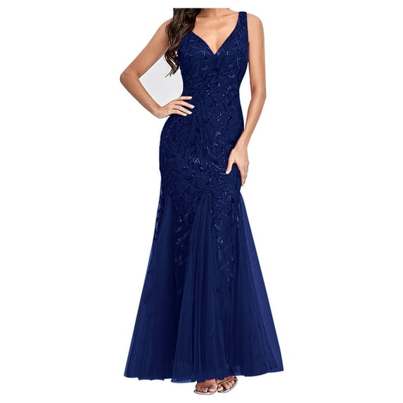 Womens Luxurious Sequins Formal Evening Dress Elegant Sleeveless Mermaid Tulle Floor Lenght Party Cocktail Dresses