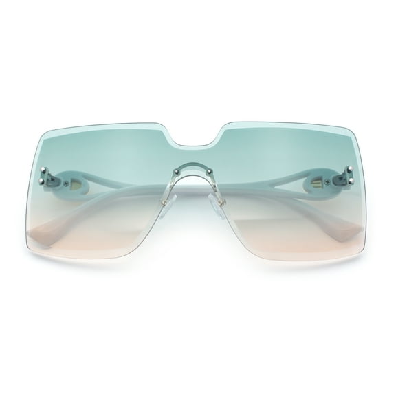 Womens Luxury Designer Oversized Shield Rectangle Diva Sunglasses White - Green Peach
