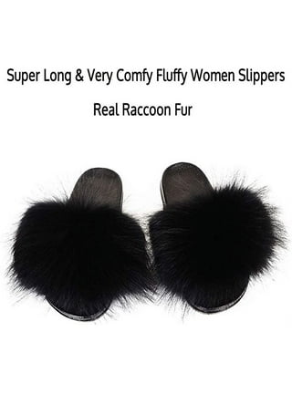 Black-Max Large XXL Real Fox Fur Slides Womens Slippers Sandals