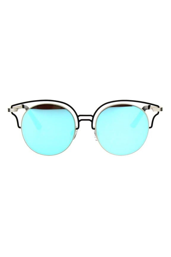 Womens Luxury Metal Wire Half Rim Round Fashion Sunglasses Black Blue