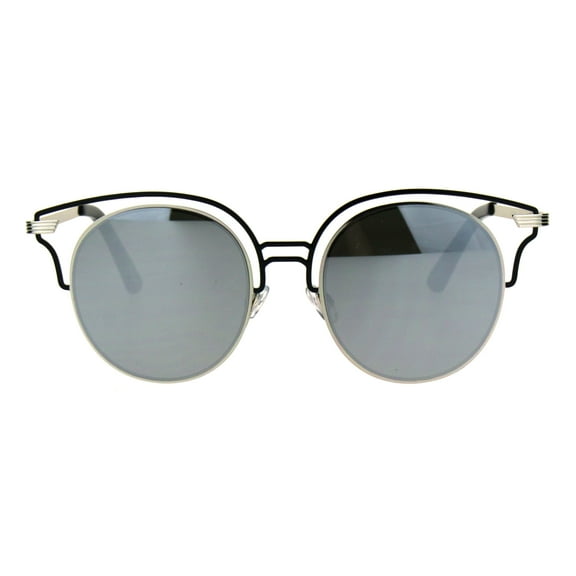 Womens Luxury Metal Wire Half Rim Round Fashion Sunglasses Black Mirror