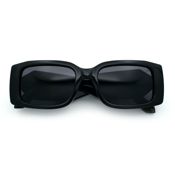 Womens Luxury Narrow Rectangle Designer Plastic Thick Arm Sunglasses Black Silver - Black