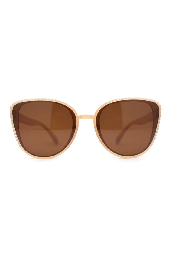 Womens Luxury Rhinestone Edge Large Cat Eye Sunglasses Beige - Brown