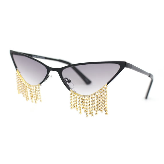 Womens Luxury Rhinstone Tassel Diva Metal Rim Cat Eye Sunglasses All Black