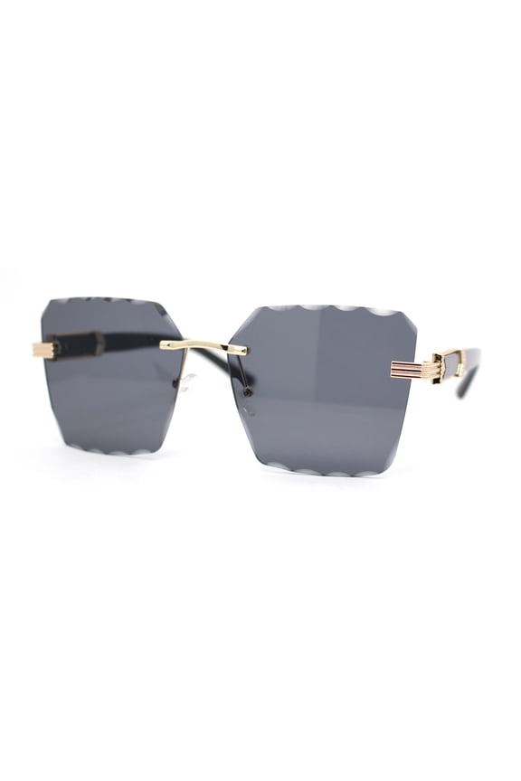 Womens Luxury Rimless Beveled OG Plastic Wood Buff Arm Metal Sunglasses Gold Black - Black